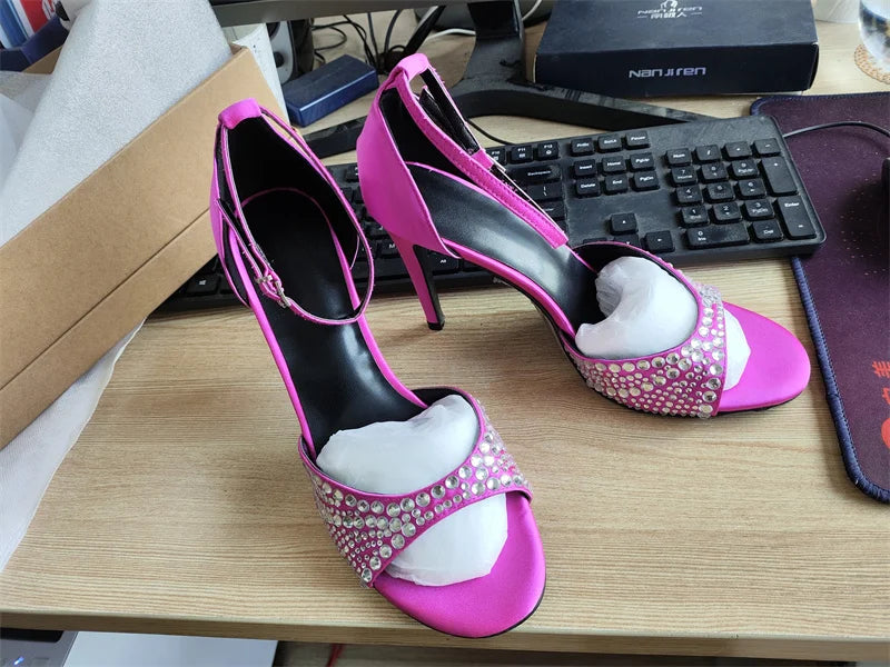 Summer 2023 Internet Celebrity Rhinestone Open Toed Sandals Fashion Round Toe Slim Heel Sandals Sexy Wrapped Party Sandals 35-43