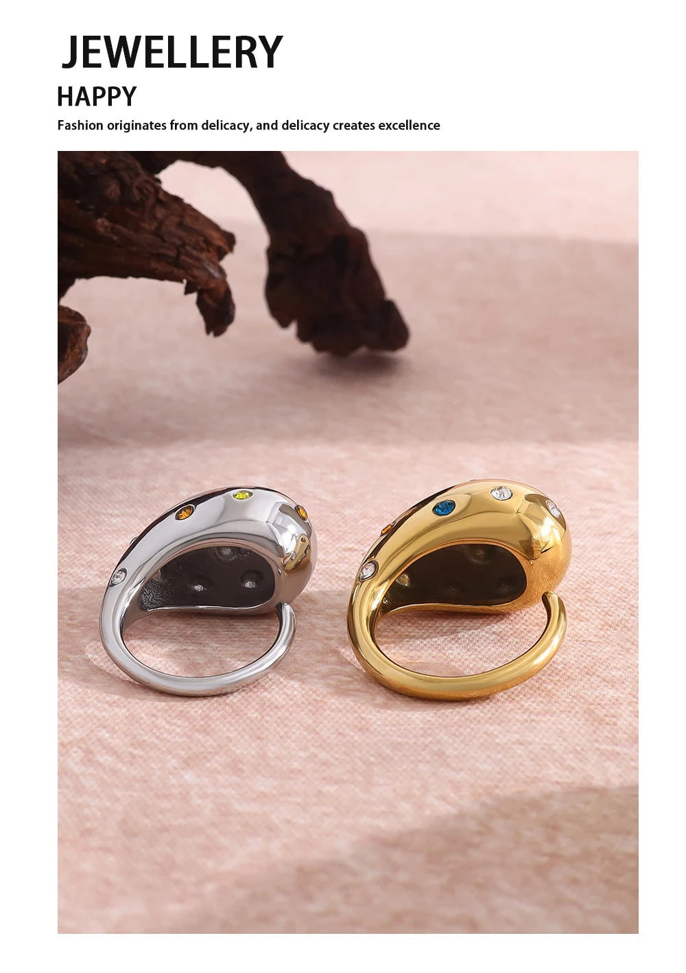 YACHAN 18K Gold Plated Glossy Chunky Stainless Steel Rings for Women Chic Colorful Crystal Statement Jewelry
