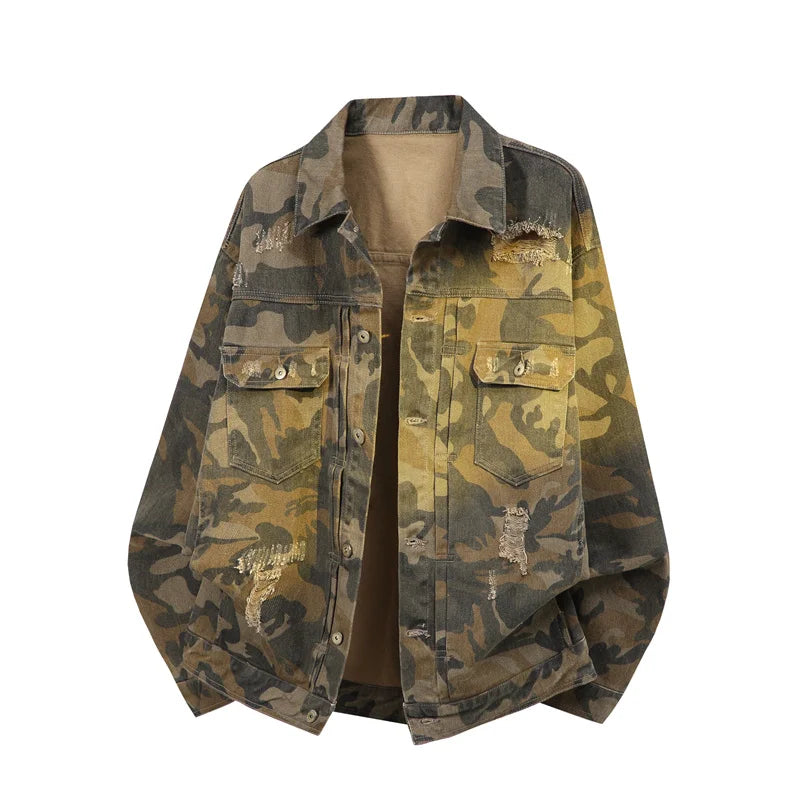 Spring Autumn American Style Denim Jacket Men Fashion Hole Camouflage Turn Down Collar Loose Outerwear Men Casual Denim Jackets