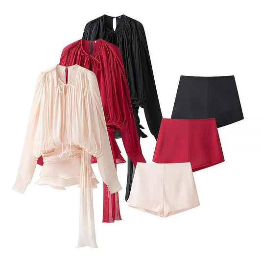 Dress Set Sweet Women Top Elegant Lantern Yarn Dress Women Spring New Short Waist Cinched Irregular Ruffle Edge Tie 9D6O
