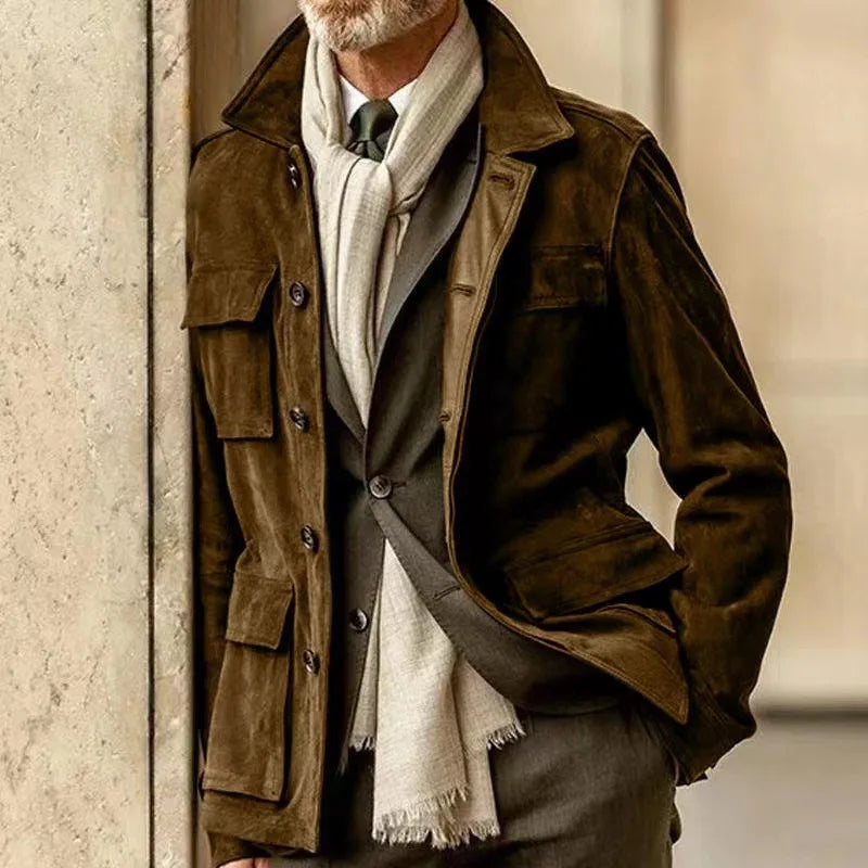 Cowhide Suede Jacket For Men Autumn Winter Turndown Collar Multi-pocket Windbreaker American Vintage Casual Coat Streetwear