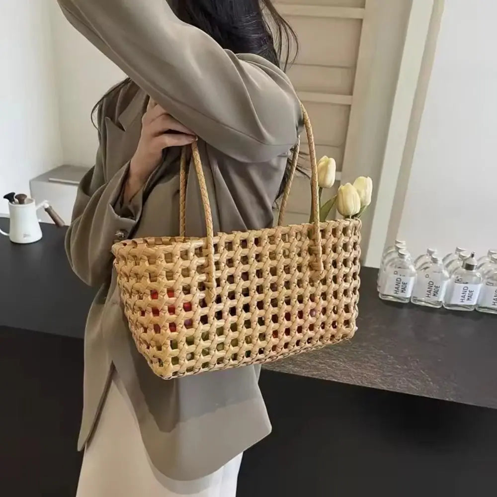 Simple Woven Women's Shoulder Bag Solid Color Large Capacity Tote Bag Hollow Handbag