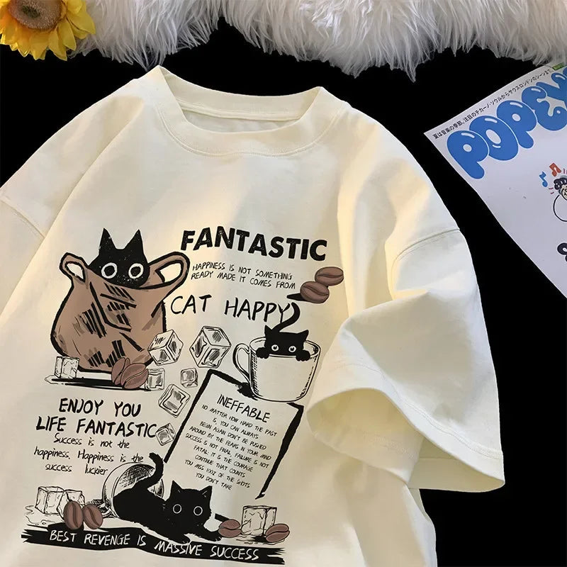 Oversize Cartoon Cat Print T Shirt Unisex Short Sleeve Korean Version
