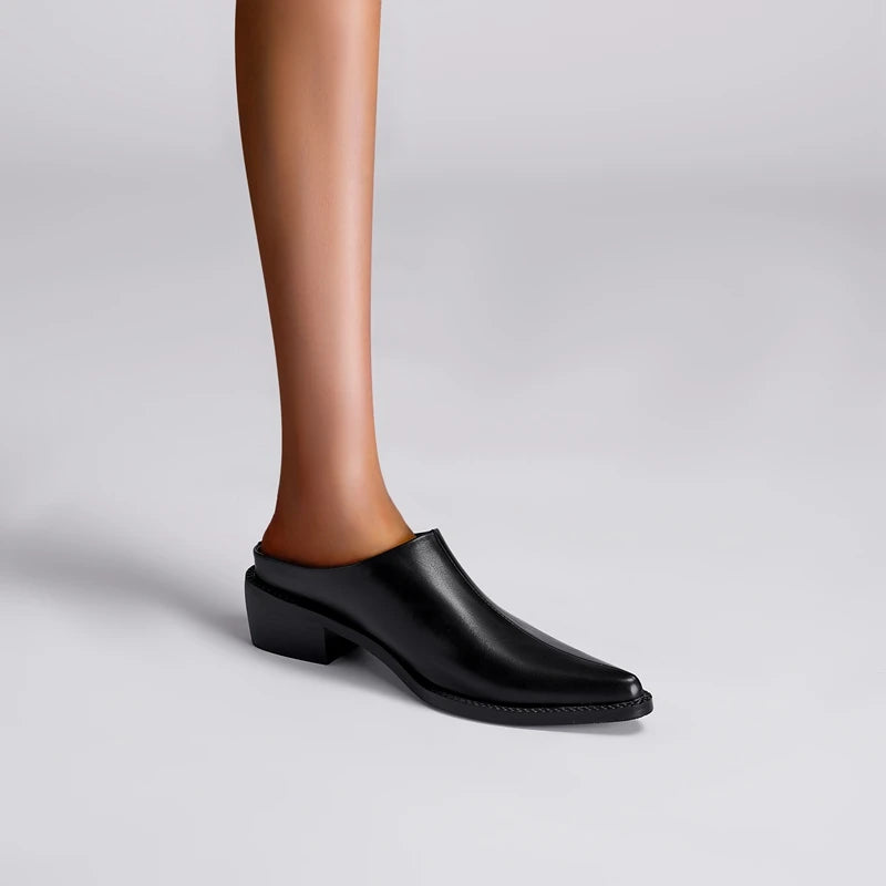 Kaky's New Pointed Cow Tied Leather Thick Heel Medium Heel Large Women's Slippers, Wrapped Half Slippers, Muller Shoes