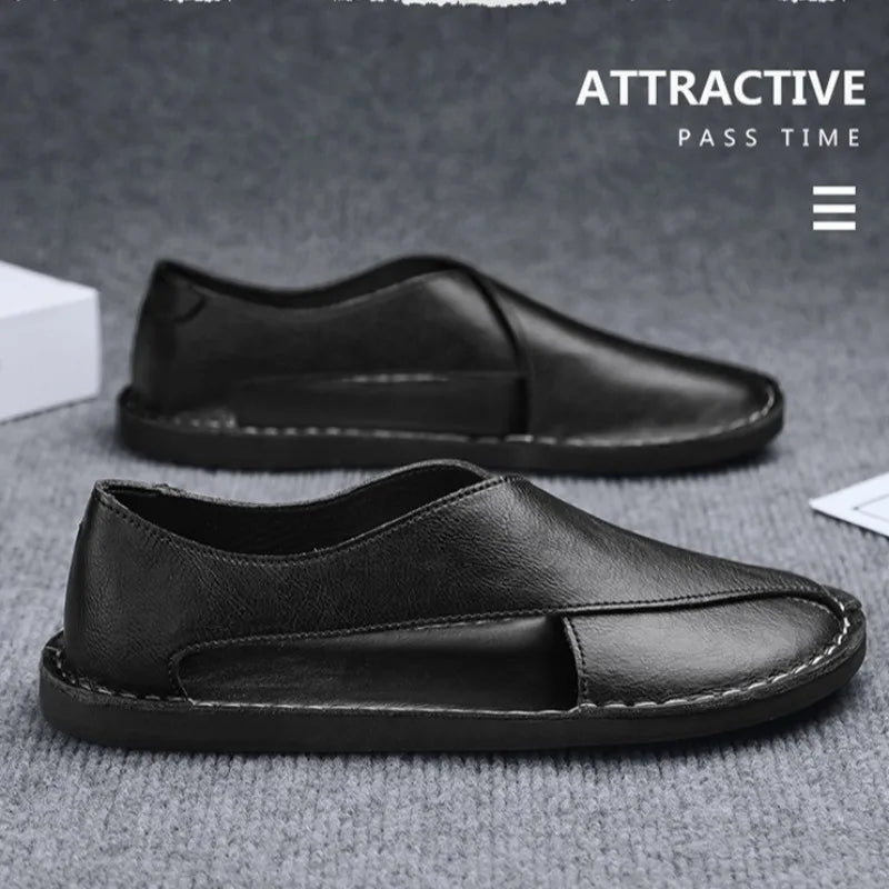 Sandals Men Summer Genuine Leather Mens Shoes Youth Beach Shoes Lightweight Breathable Slippers Men's Sandal Low Top Mens Shoes