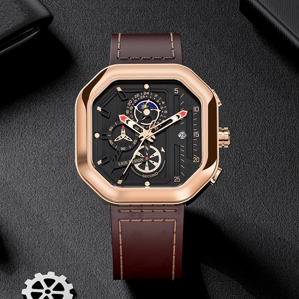 2025 LIGE Business Leather Watch For Men Top Brand Luxury Mens Watches Waterproof Quartz Wrsitwatch 24 Hours Moon Phase Clock
