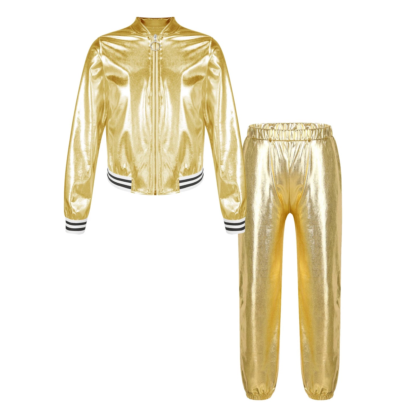 Kids Girls Sports Outfits Jazz Hip Hop Street Dance Costume Shiny Metallic Long Sleeves Bomber Jacket Coat with Pants Streetwear