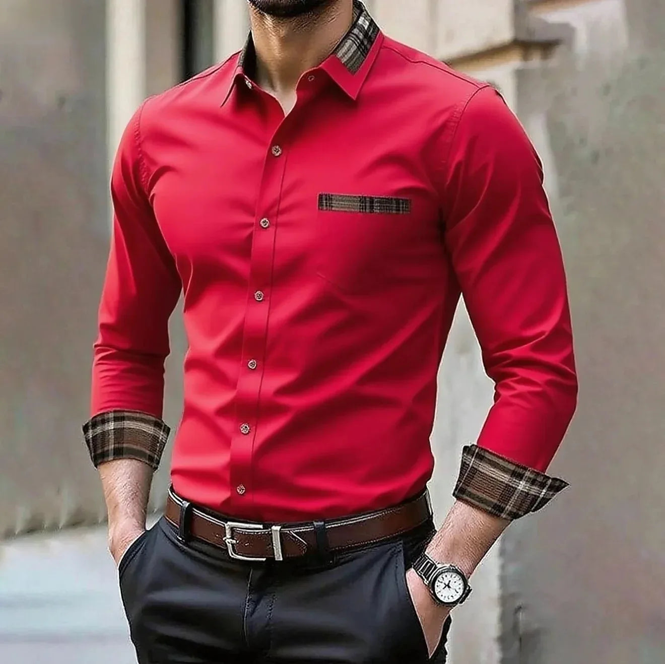 Men's pocket casual formal shirt, available in 12 colors, stylish and comfortable long sleeved shirt, suitable for weddings and