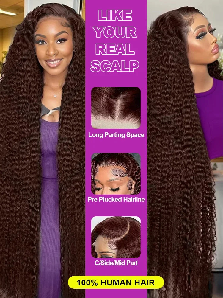 Chocolate Brown Deep Wave 40 Inch Curly Water Wave Wigs 13×6 5x5 HD Deep Wave Lace Front Human Hair Wig For Women