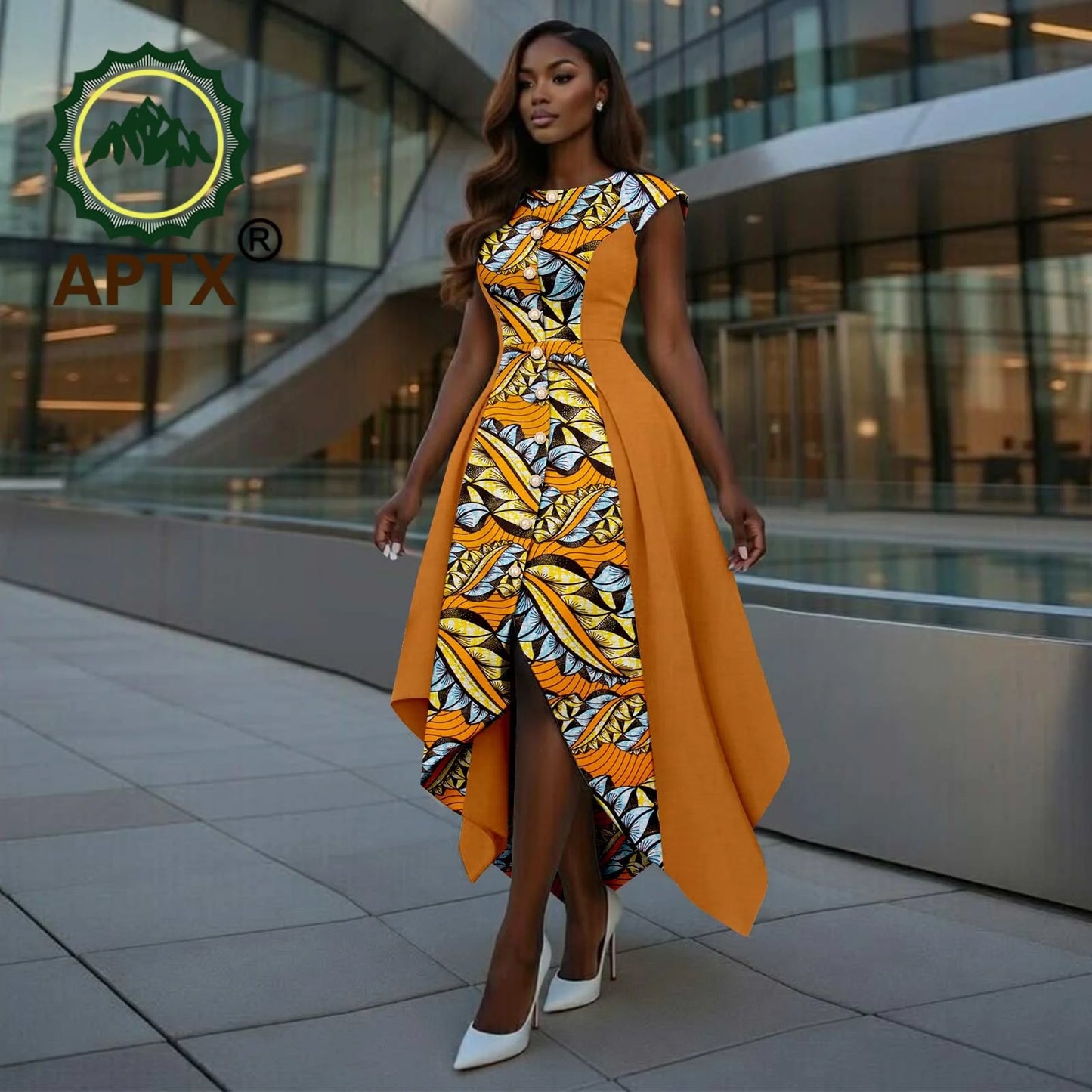 African Dress for Women Ankara Print O-Neck Short sleeve Ankle-Length Patchwork Asymmetrical Dress Dashiki Casual Party