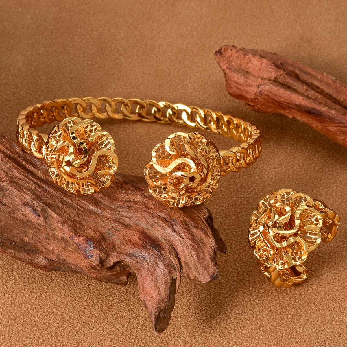 African Gold Plated Floral Cuff Bangle  Ring Set for Women Arabic Pattern Daily Jewelry Gift