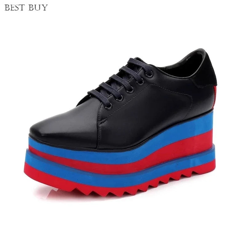 New beige Women Platform Casual Shoes 2024 Spring Black Casual Chunky Sneakers Women Real Leather White Height Increasing Shoes
