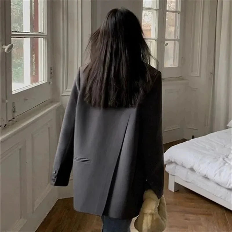 Back Slit Design Blazer Coat For Women Casual Korean Streetwear Chic Long Sleeve