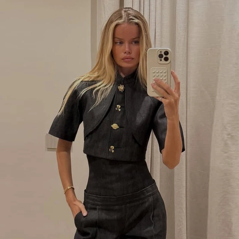 Women Denim Coat Pants Set Middle Sleeve Single Breasted Top Jackets High Waist Leg Loose Trouser Suit Lady Elegant Chic Sets