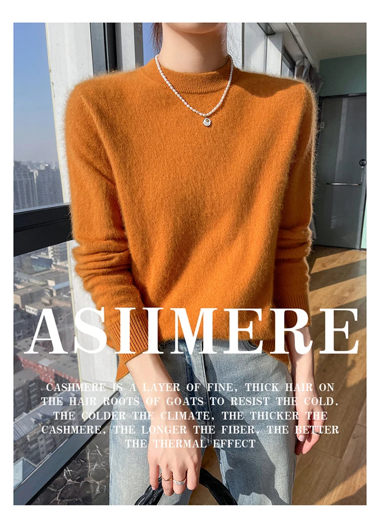Autumn and winter women's semi high neck pullover sweater solid color knitted slim fit women's 100 mink cashmere sweater new sty