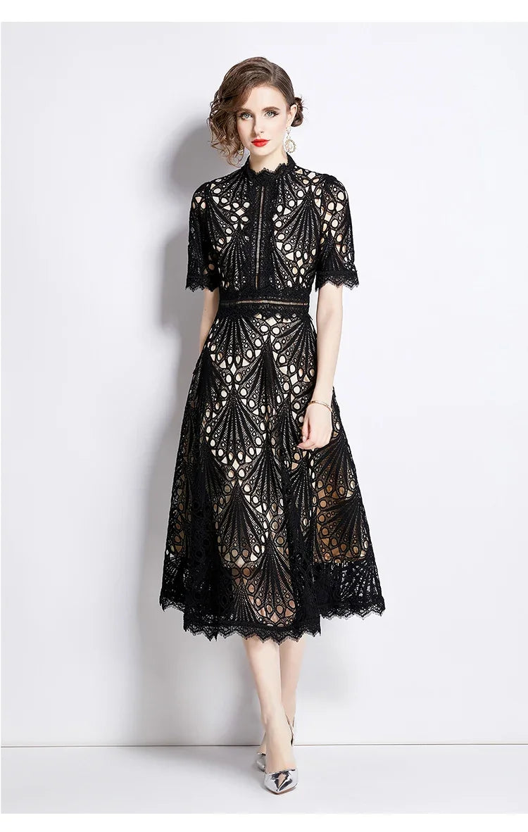 SMTHMA Vintage High-End O-Neck Short Sleeve Lace Hollow Out Dress For Women's Summer Slim Elegant Long Dress Female Clothing
