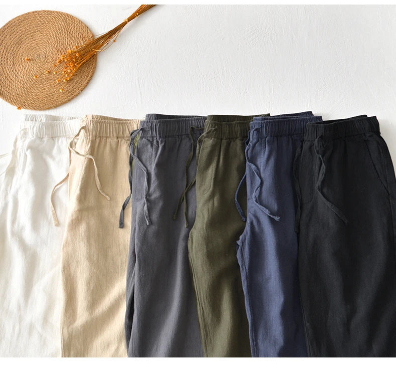 70% Linen,30% Cotton Men's Drawstring Elastic Waist Casual Pants, Straight Loose Ramie Trousers, Camping Fishing Comfortable