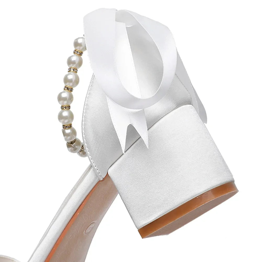 String Bead Sandals for Women Summer Peep Toe Sandals Ladies Fashion Ribbon Bow Thick High Heels Sexy Wedges Wedding Shoes 35-43