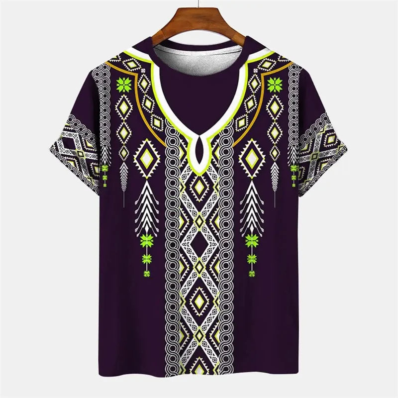Summer Men's Vintage T-shirt African Tradition Stripe Printed T Shirts Casual O-Neck Short Sleeve Tees Street Fashion Loose Tops