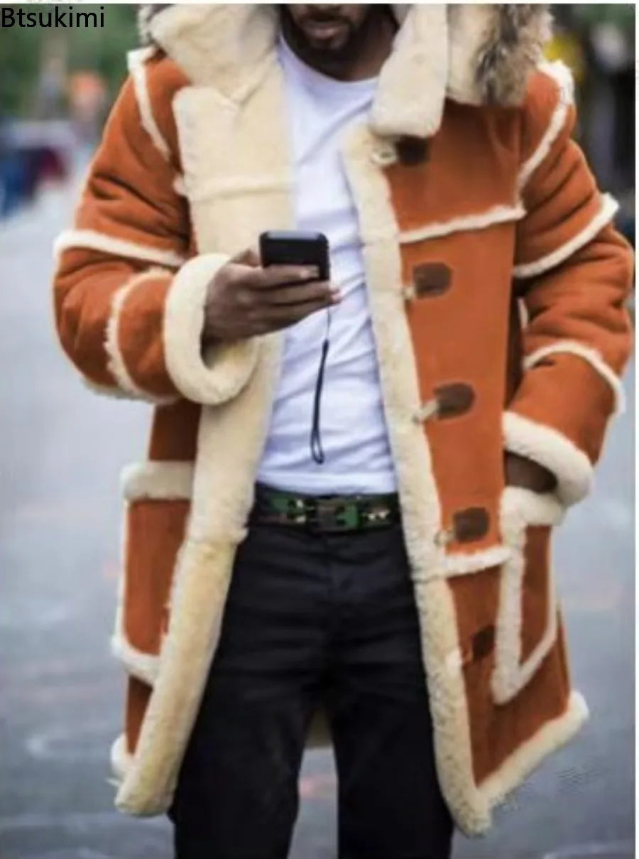 Overcoats Winter Men Jackets Loose Long Cotton-padded Coats Fashion Patchwork Thickened Plush Warm Jackets Casual Streetwear Men