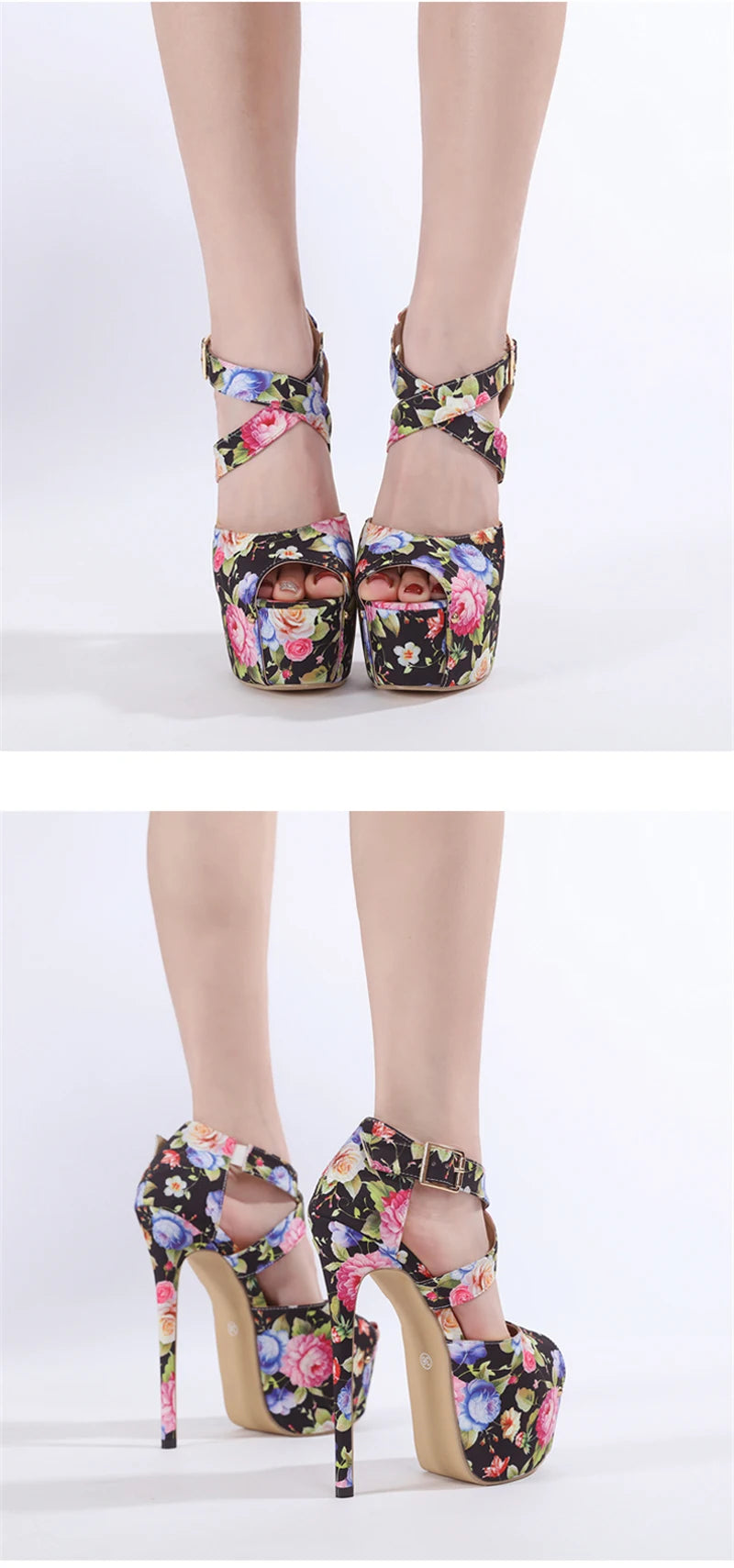 Liyke Runway Sweet Style Sexy Peep Toe 16CM Extreme High Heels Strip Pole Dance Shoes Fashion Print Flowers Platform Women Pumps