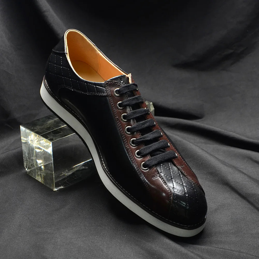 European Style Genuine Leather Men's Casual Shoes Luxury Plaid Business Social Black Flat Lace-Up Sneaker Shoes for Man