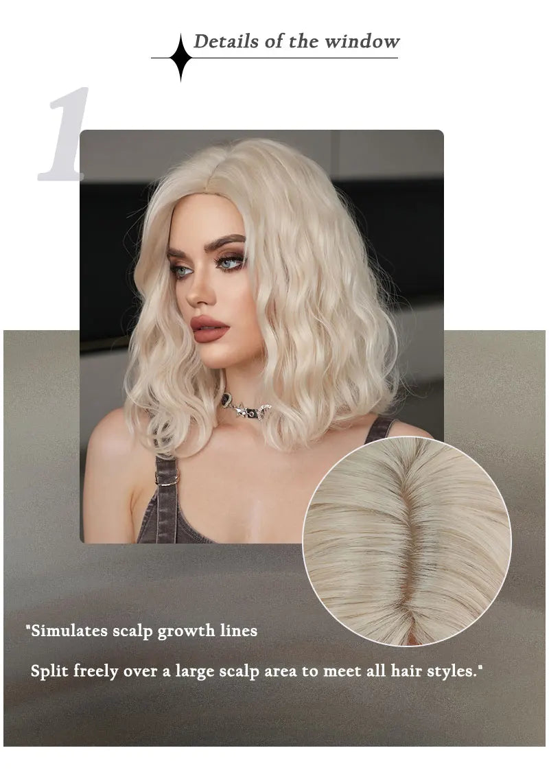 NAMM High Density Synthetic Middle Part Blonde White Wig For Women Daily Short Wavy Bob Wigs With Curtain Bangs Glueless Wig
