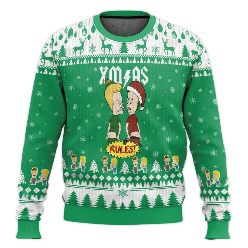 Xmas Rock Beavis and Butthead Ugly Christmas Sweater Cartoon Anime Women Men Pullover Tops New Fashion Couple Hoodie Sweatshirt BAZAARHUBO
