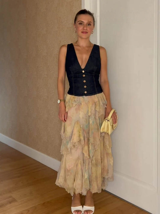 HH Female New Summer Fashion Elastic Waist Casual Pleated Elegant Skirt Women Tie-Dye Print Layered Decoration Long Skirt