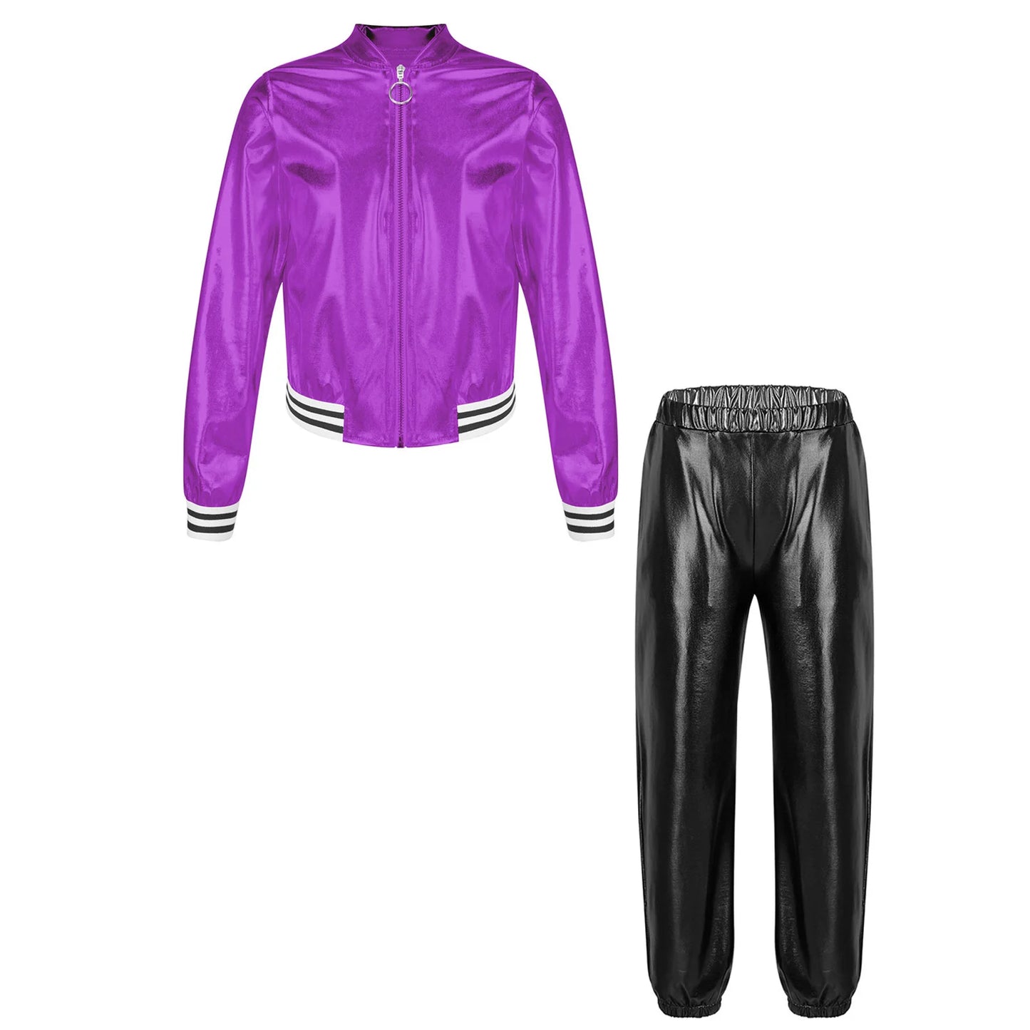 Kids Girls Sports Outfits Jazz Hip Hop Street Dance Costume Shiny Metallic Long Sleeves Bomber Jacket Coat with Pants Streetwear