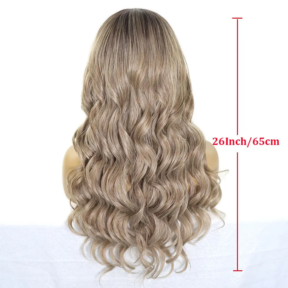 Loose Wave Ash Blonde Wig Dark Roots Synthetic Lace Front Wigs 13x4 Colored Grey Transparent Lace Curly Wig For Women Daily Use