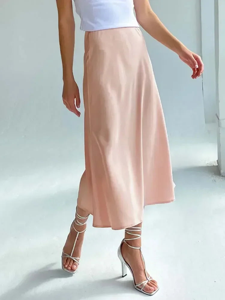 Elegant Women's Skirts High Waist Silk Satin A-line Skirt Lady Fashion Solid Color Purple Long Skirts for Women Fashion 2026