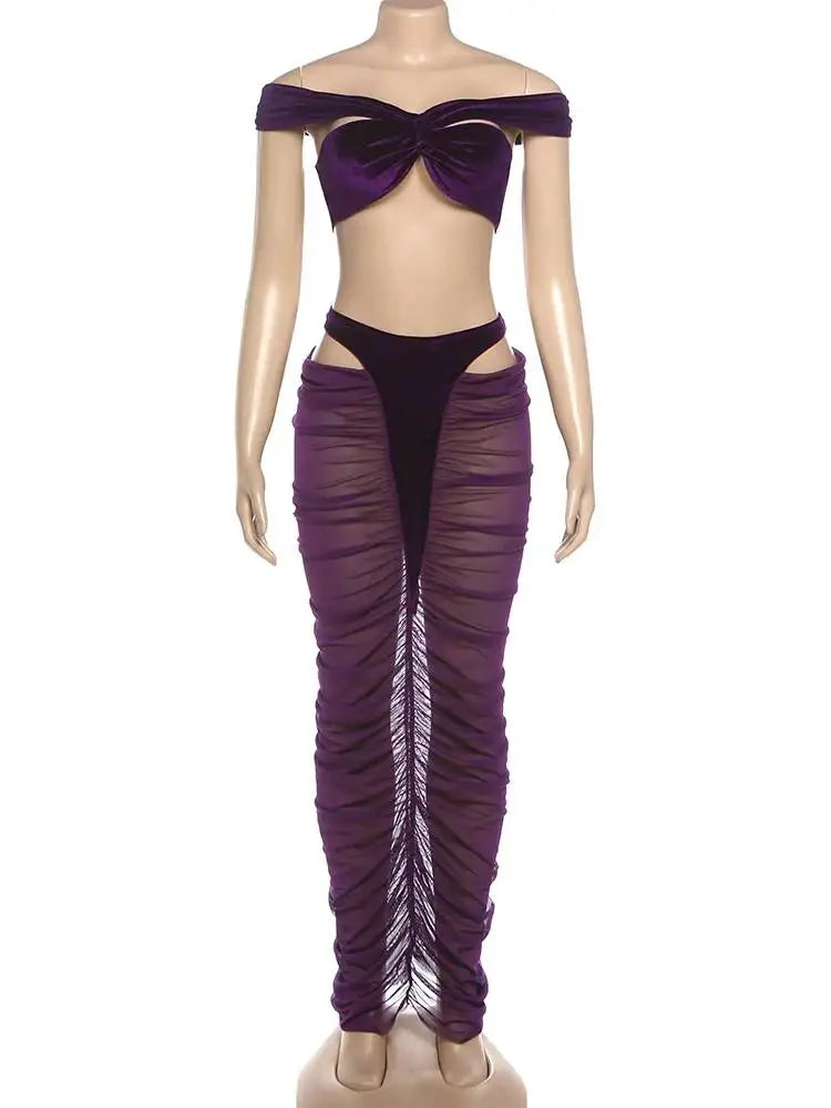 Sexy Fashion 2 Piece Set Woman Velvet Cross Kink Tank Tops+Hollow Design Ruched Long Skirts Club Party Coquette Outfits