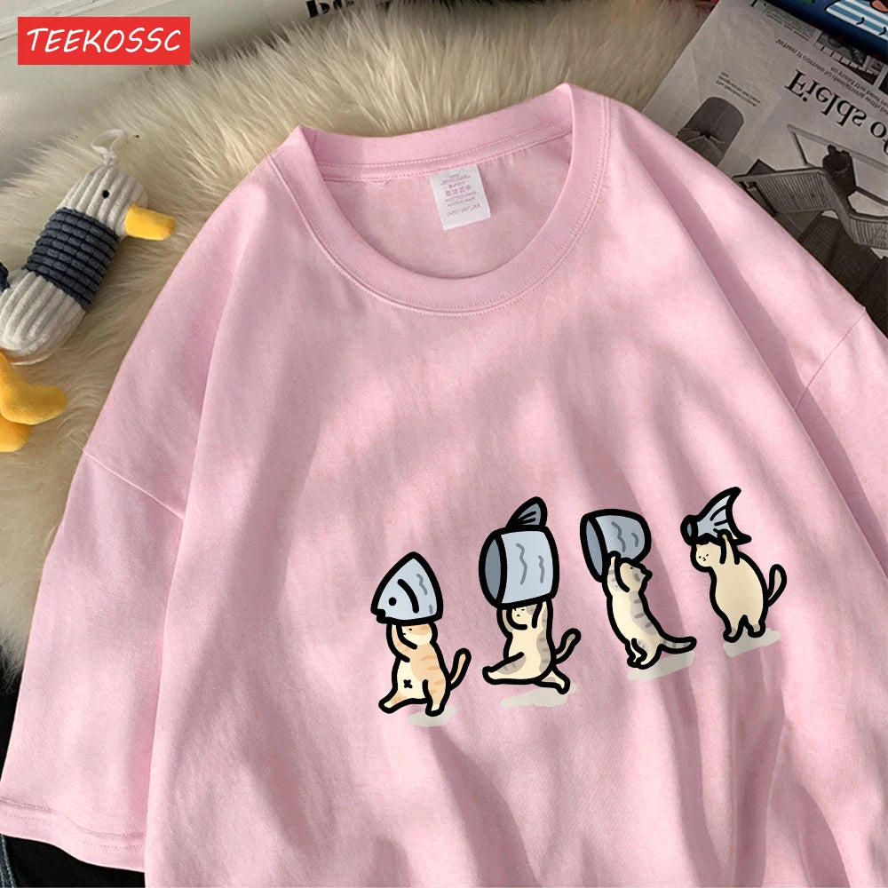 Four Little Cats Holding Fishcotton Women T-Shirts Cartoons Prints T Shirts Soft O-Neck Loose Short Sleeve Tops Summer Clothes