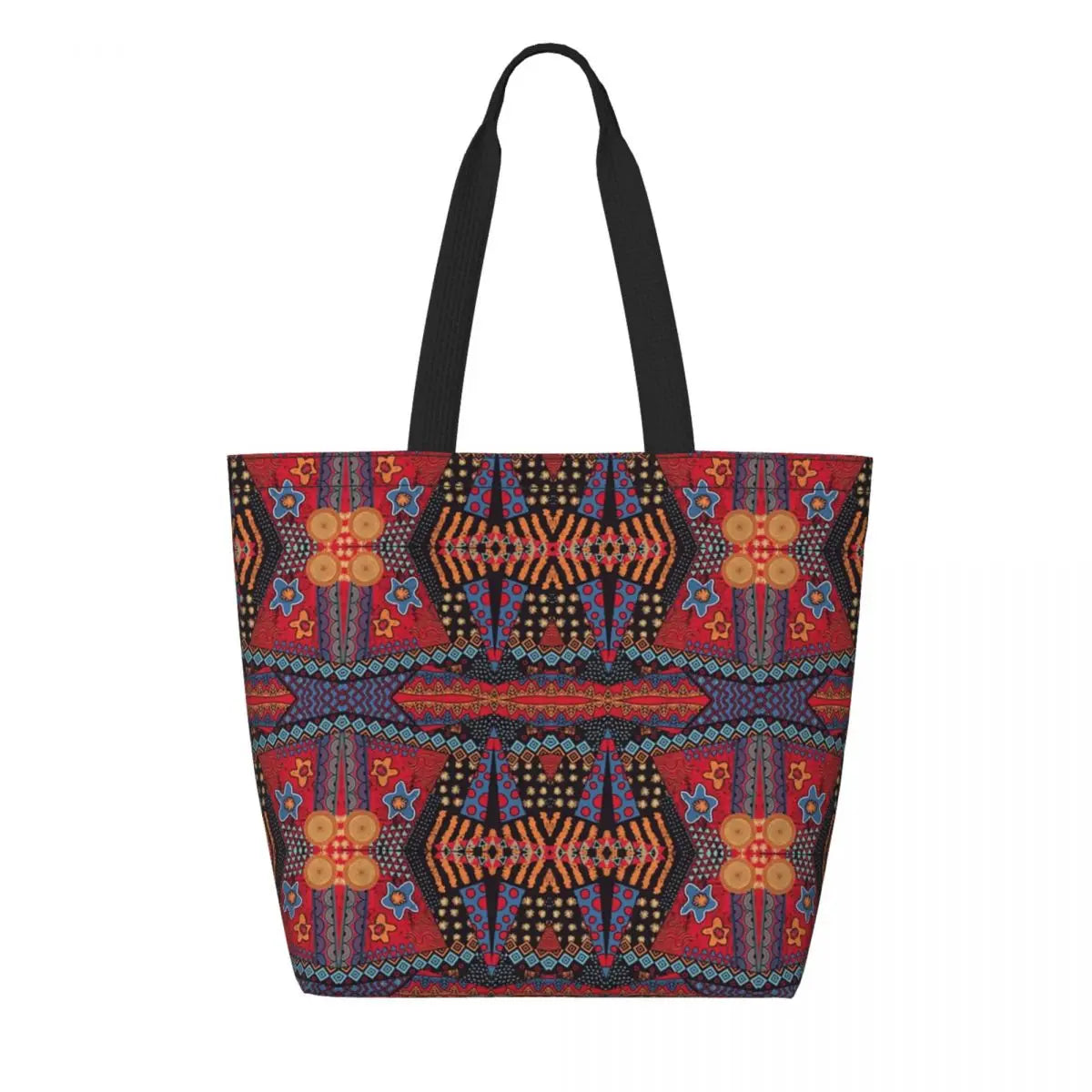 African Ankara Prints Grocery Shopping Tote Bags Women Geometric Ethnic Art Canvas Shoulder Shopper Bags Big Capacity Handbag