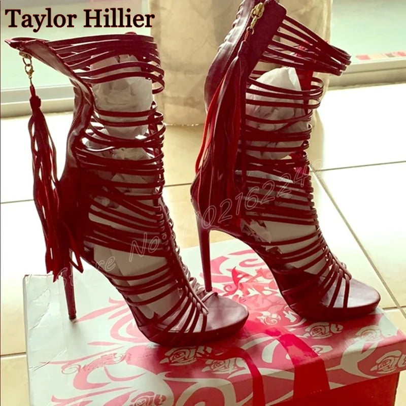 Black Hollow Tassel Mid-Calf Boots Open Toe Stiletto Back Zipper High Heels Sexy Party Plus Size Dress Women'S Sandals Summer 46