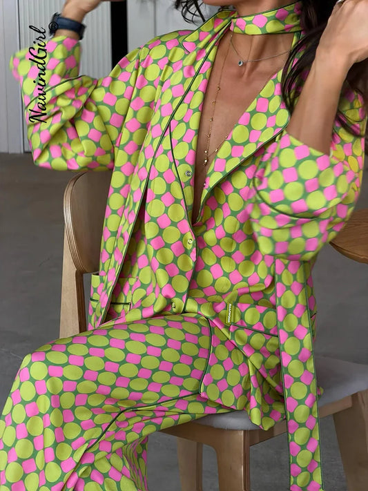 Casual Plaid Women's Blazer Pant Suits Scarf Collar Long Sleeve Button Shirt Pleated Wide Leg Trousers 2026 Summer Female Set