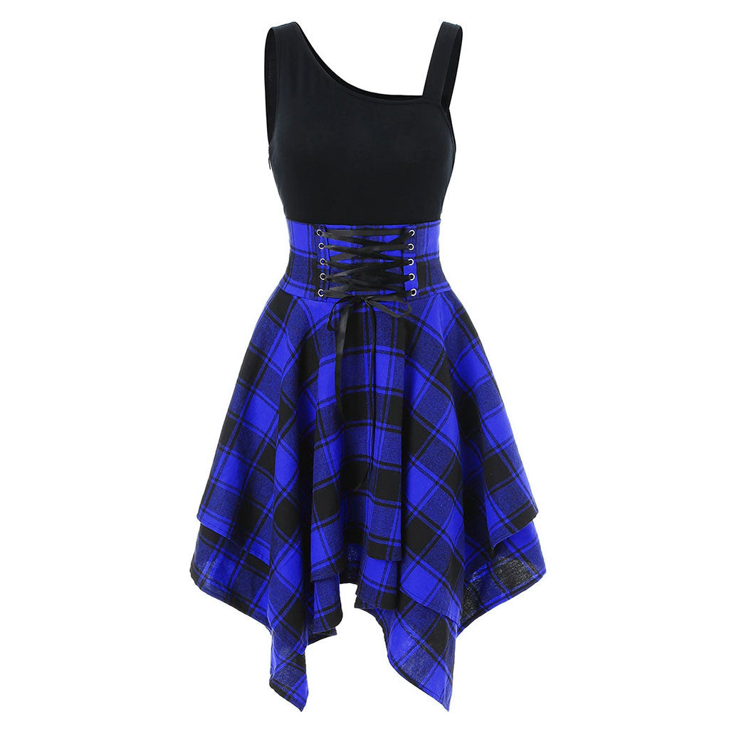 Elegant Classy Dresses For Women 2024 Sleeveless Cold Shoulder Cross Lace Up Plaid Print Irregular A-Line Dresses