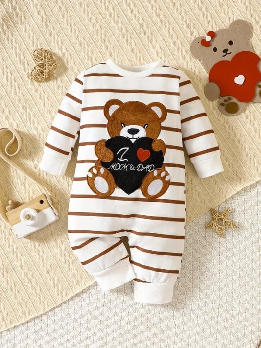 "Korean-Style Baby Romper | Brown & White Striped Onesie with Bear-Holding-Heart Embroidery - 'I Love Mom & Dad' Themed"