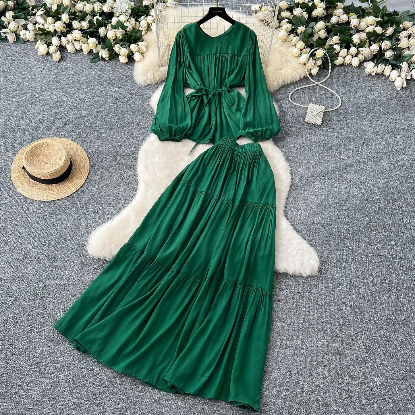 Skirt Set Women Dress Sets Two Piece Sets Round Neck Elegant Casual Loose Tops A Line Long Skirts Elastic Waist Y2k Streetwear