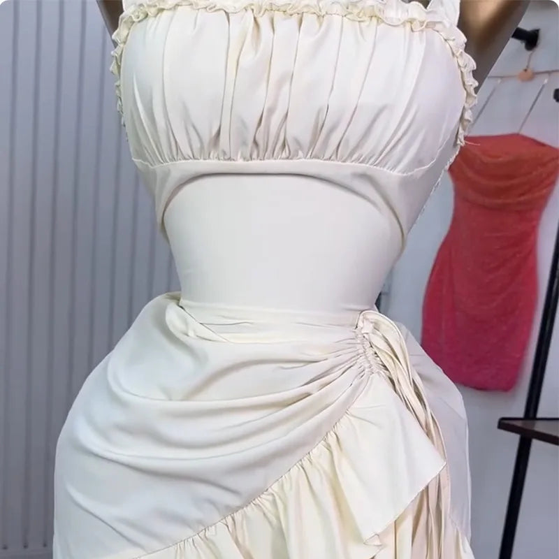 2025 Summer Women's Long Skirt with Strap and Ruffle Hem, High Waist Slimming Dress
