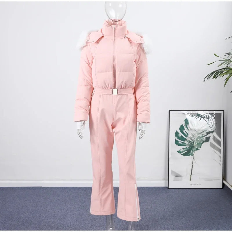 Women  Fur Collar Hooded Skiwear Fashion Solid Thicken Zipper High Waist Slim Outdoor Overalls Jumpsuit  Lady Winter Outwear