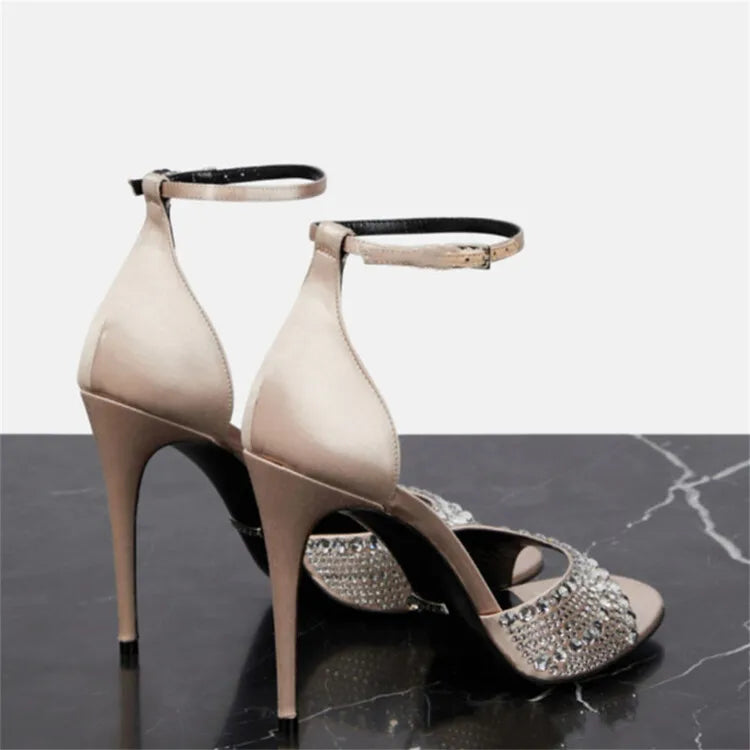 Summer 2023 Internet Celebrity Rhinestone Open Toed Sandals Fashion Round Toe Slim Heel Sandals Sexy Wrapped Party Sandals 35-43
