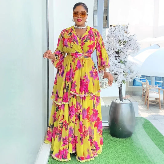 Elegant African Dresses For Women 2025 New Summer Fashion Print Robe Plus Size Muslim Wedding Evening Party Long Dress