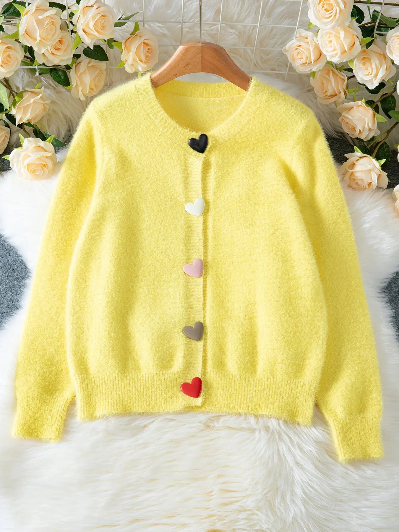Autumn Winter Fashion Yellow Cardigan Women Heart Button Long Sleeve Knit Sweater Outerwears