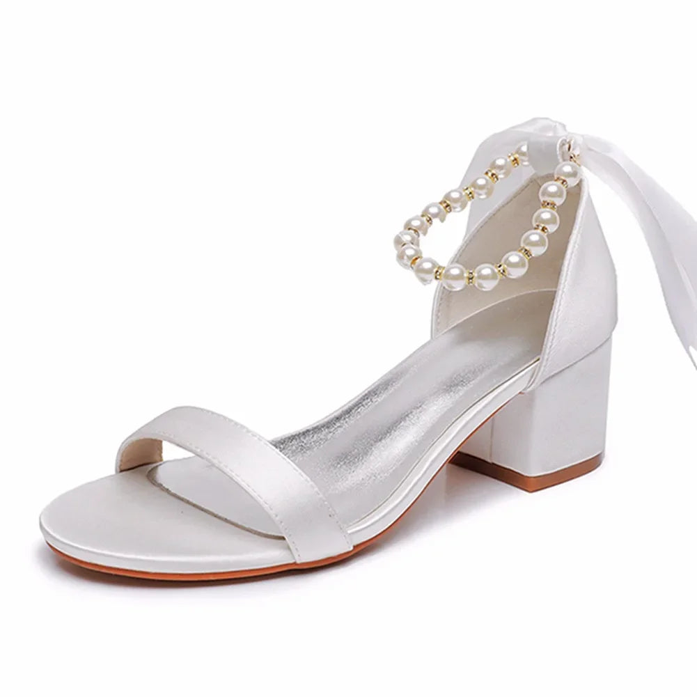 String Bead Sandals for Women Summer Peep Toe Sandals Ladies Fashion Ribbon Bow Thick High Heels Sexy Wedges Wedding Shoes 35-43