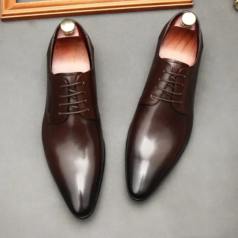 Leather shoes for men, lace up shoes for men, pointy, leather, high-end wedding, dress, Oxford, Lefu shoes, large, British style