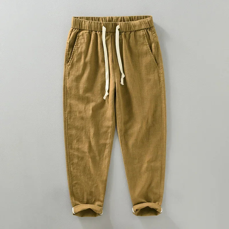 Men's Casual Harem Pants: Ankle-Length Linen Trousers in Vintage White, Brown, and Khaki - Breathable and Pleated for Comfort