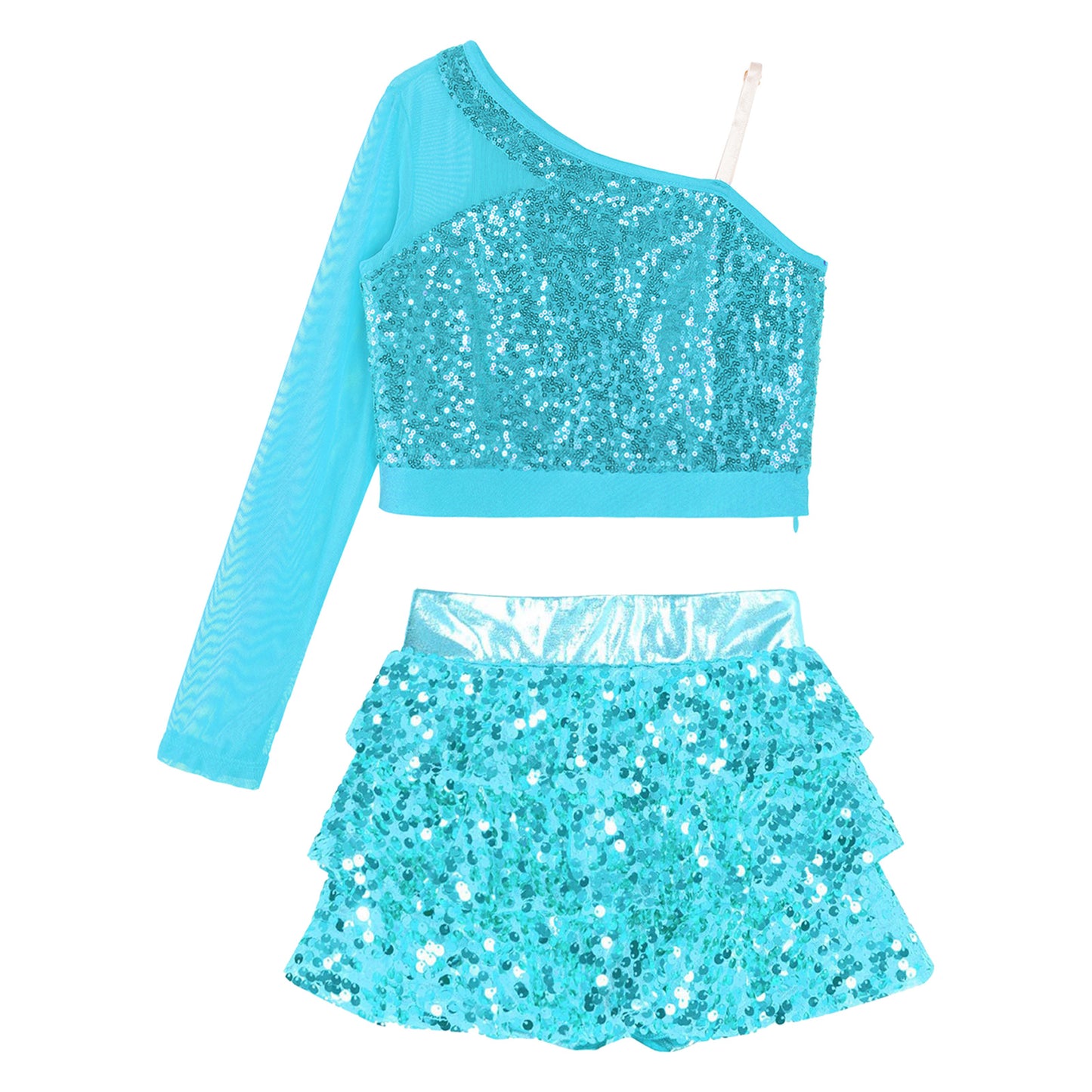Kids Girls Dance Dresses Latin Jazz Modern Dance Show Costume Sequin Long Sleeve Crop Tops and Skirted Culottes Cheer Dancewear