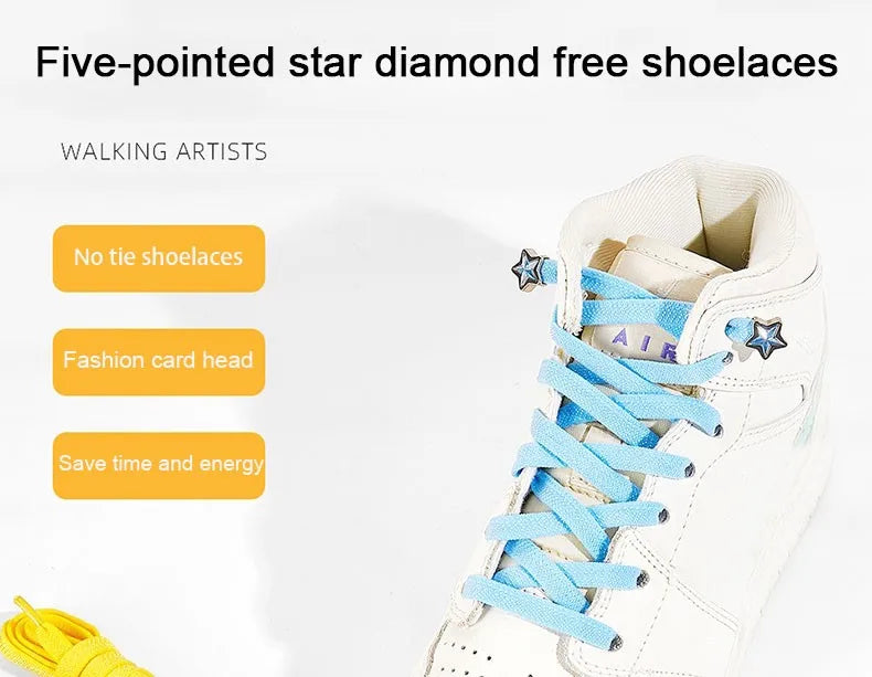 Star Diamond No Tie Shoelaces Colorful Rhinestone Metal Buckle Shoe Laces Flat Elastic Shoelace Kids Adult Sport Cute Shoestring
